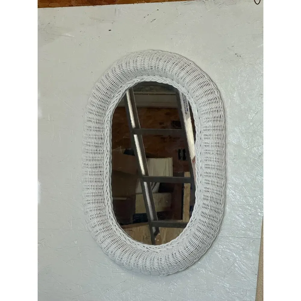 VTG Wicker Mirror White Oval WallAccent Coastal Beach Bohemian Cottagecore 27x18